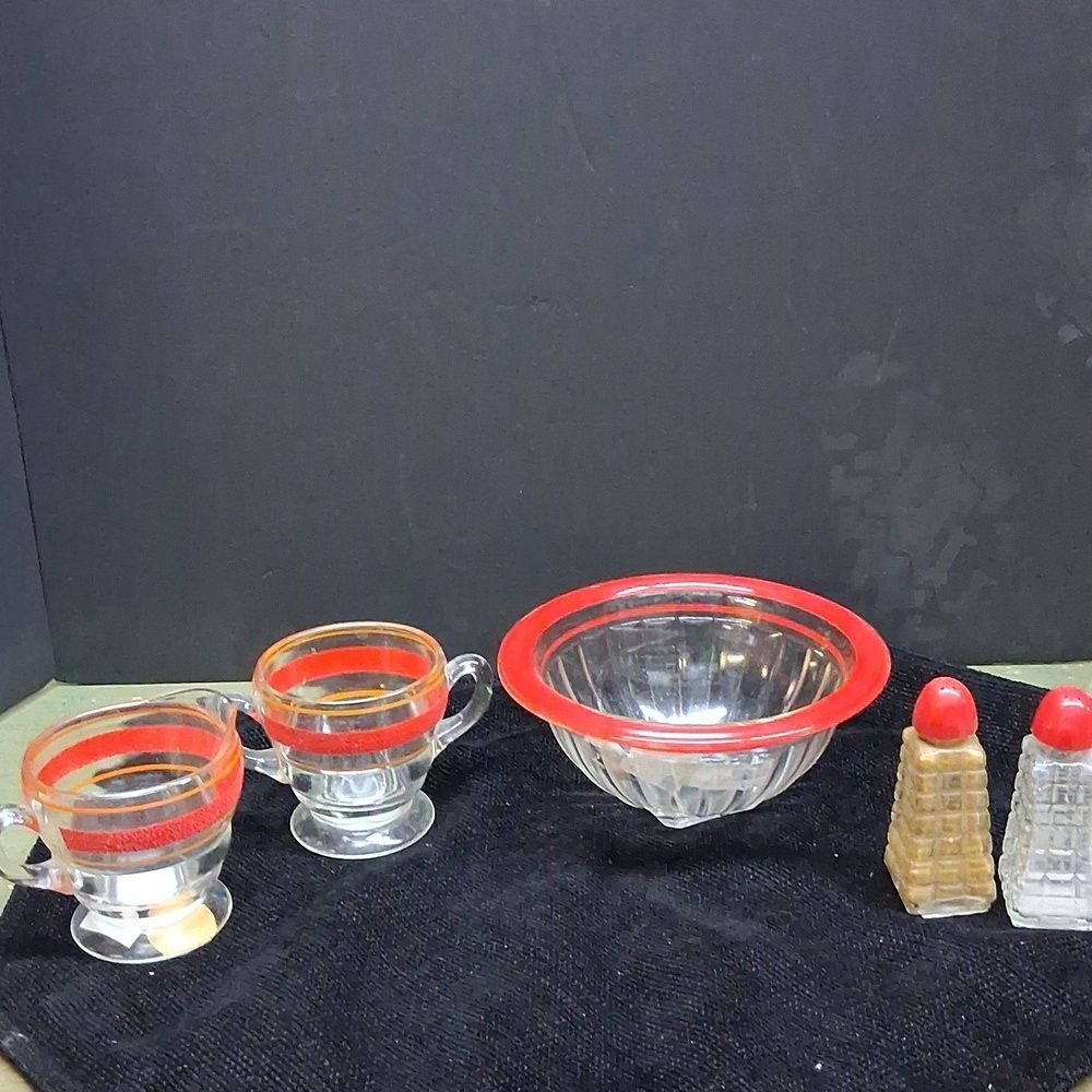 Vintage Hazel Atlas bowl, Anchor Hocking salt & pepper/Kent Chicago MCM sugar cr